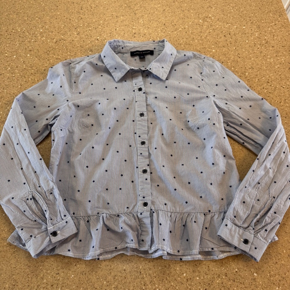 Tommy Hilfiger Women’s Blue Striped With Stars Button Down Long Sleeve Medium